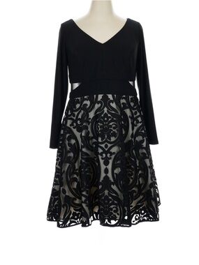 NWT! Xscape Black and Ivory Midi Dress with Swirl Lace Overlay Size 22
